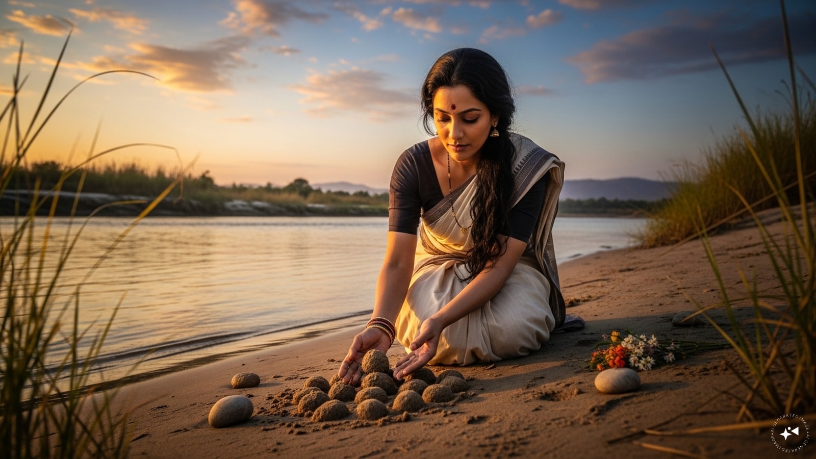 Since both her husband and brother-in-law were away and she did not have the rituals materials with her, Sita used the sand of Falgu River, making pindas out of it to do the ceremony, invoking the Falgu River itself, a cow, the tulsi plant, a Brahmin, and a Banyan tree as witnesses. Since both her husband and brother-in-law were away and she did not have the rituals materials with her, Sita used the sand of Falgu River, making pindas out of it to do the ceremony, invoking the Falgu River itself, a cow, the tulsi plant, a Brahmin, and a Banyan tree as witnesses.