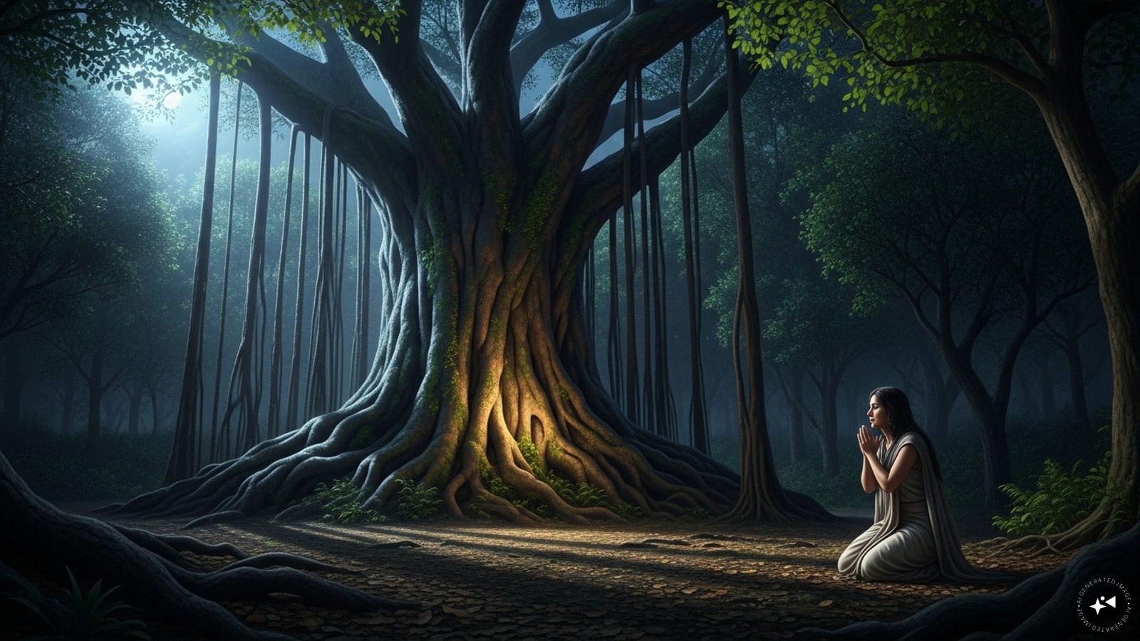 When Rama and Lakshman returned, they doubted her account and asked the witnesses to confirm the ritual. The Banyan tree denied that Sita’s act was witnessed. The Banyan tree alone upheld the truth. When Rama and Lakshman returned, they doubted her account and asked the witnesses to confirm the ritual. The Banyan tree denied that Sita’s act was witnessed. The Banyan tree alone upheld the truth.