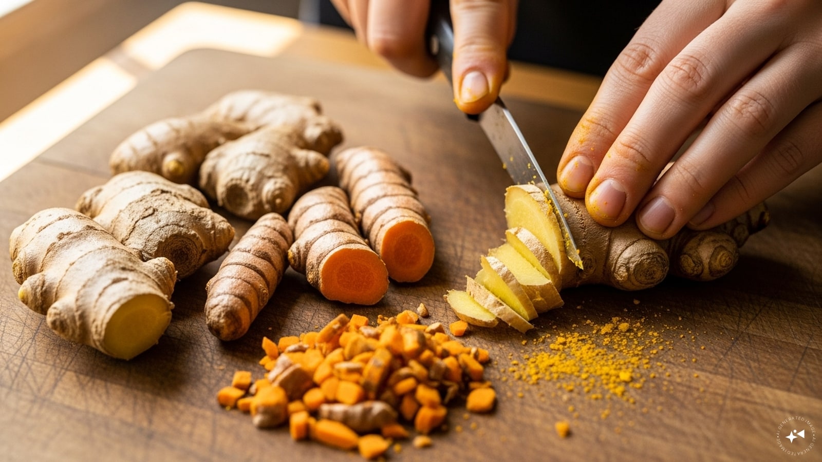 Peel and finely chop the ginger and turmeric roots, then add them to a blender along with a little water. Peel and finely chop the ginger and turmeric roots, then add them to a blender along with a little water.